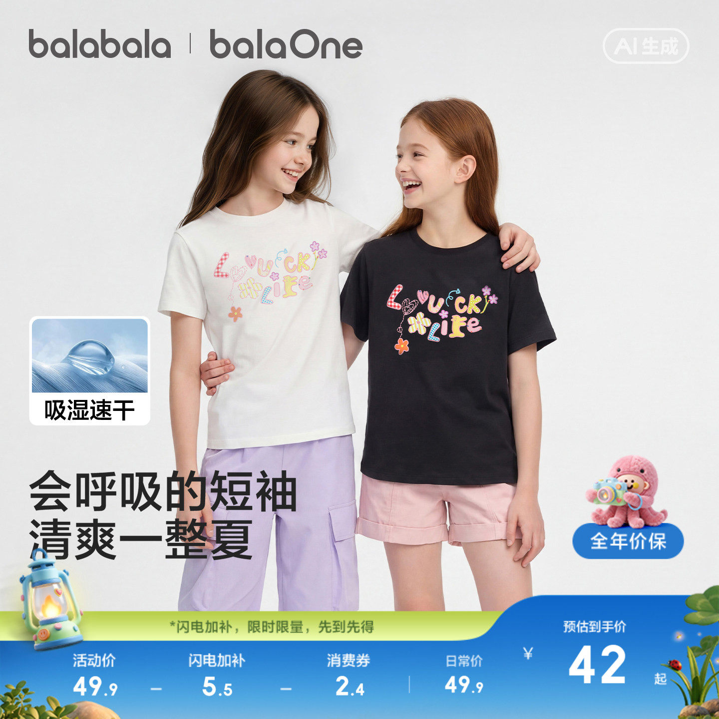 巴拉巴拉童装女童短袖t恤儿童2026新款夏装大童速干宝宝学院上衣