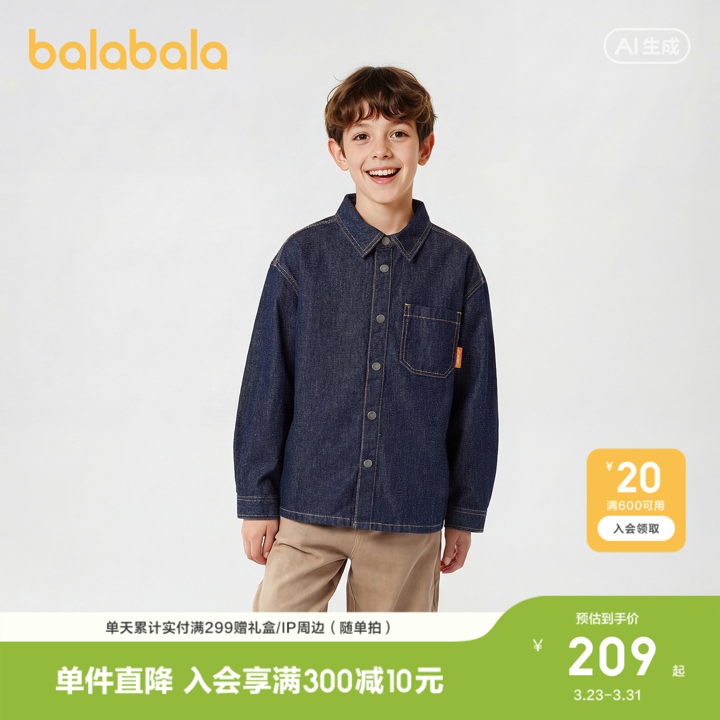 【商场同款】巴拉巴拉童装儿童长袖衬衫男童2026新款春装牛仔上衣