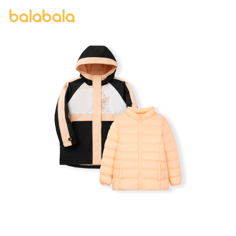 巴拉巴拉儿童羽绒服连帽中长款冬季童装中大童两件套女童外套拼色