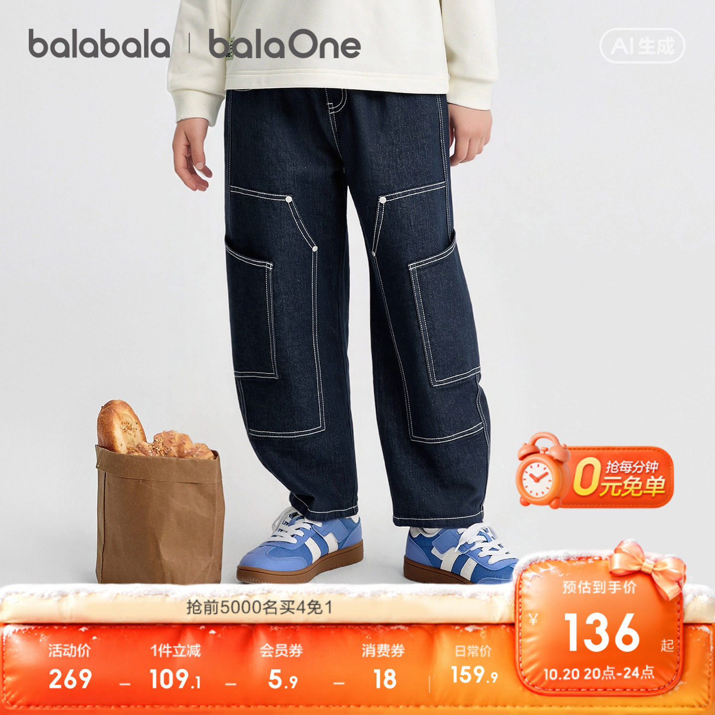 【balaOne】巴拉巴拉童装儿童裤子男童宝宝牛仔裤2026秋装弯刀裤