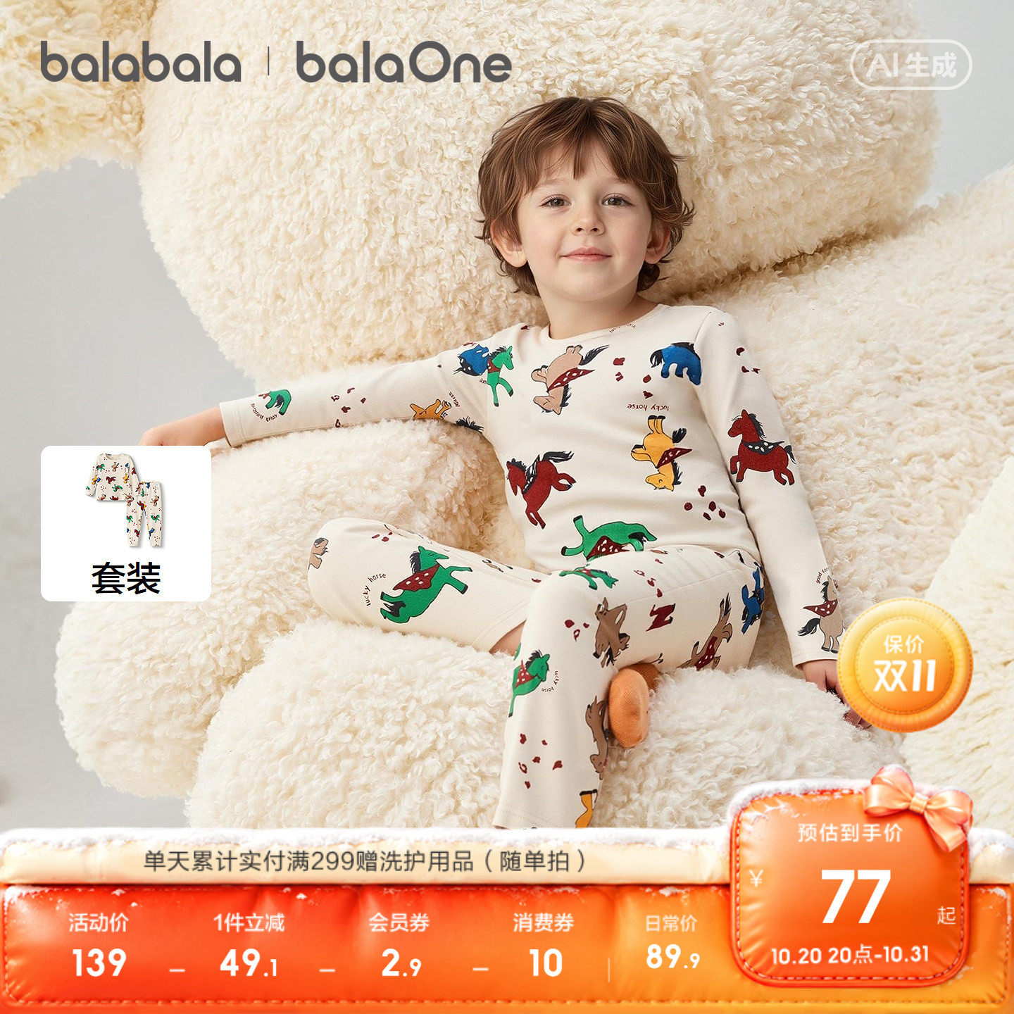 【balaOne】巴拉巴拉男童女童内衣套装儿童2件套新款童装2026春秋