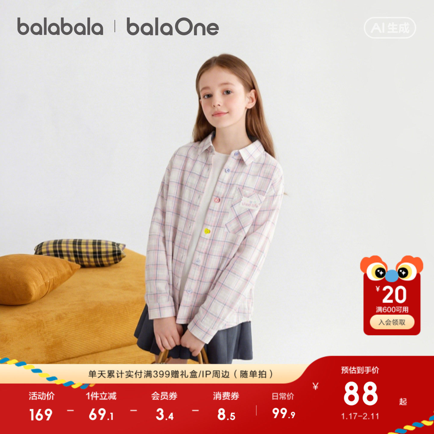 【balaOne】巴拉巴拉童装儿童长袖衬衫女童2026新款春装格