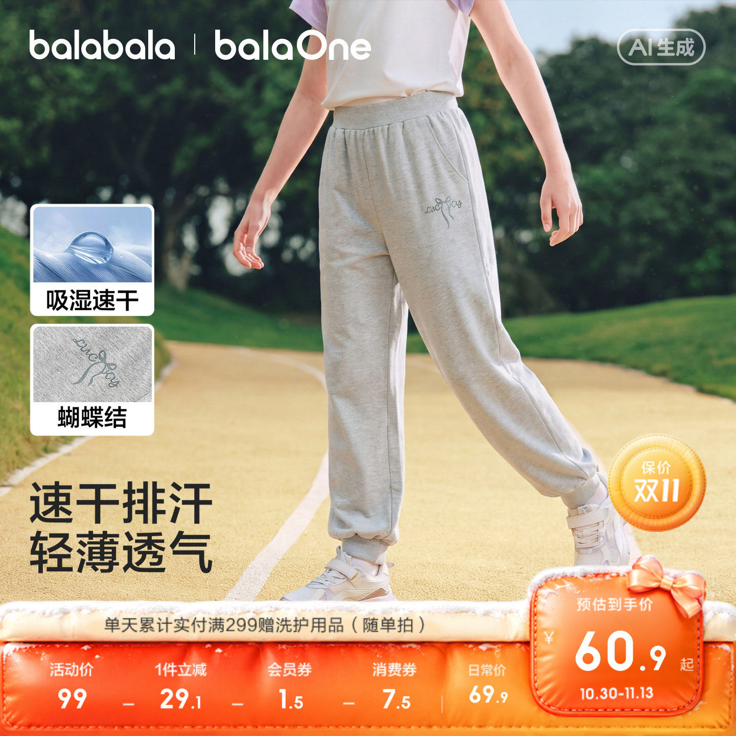 巴拉巴拉童装女童裤子儿童速干运动裤2026夏装新款大童束脚防蚊裤