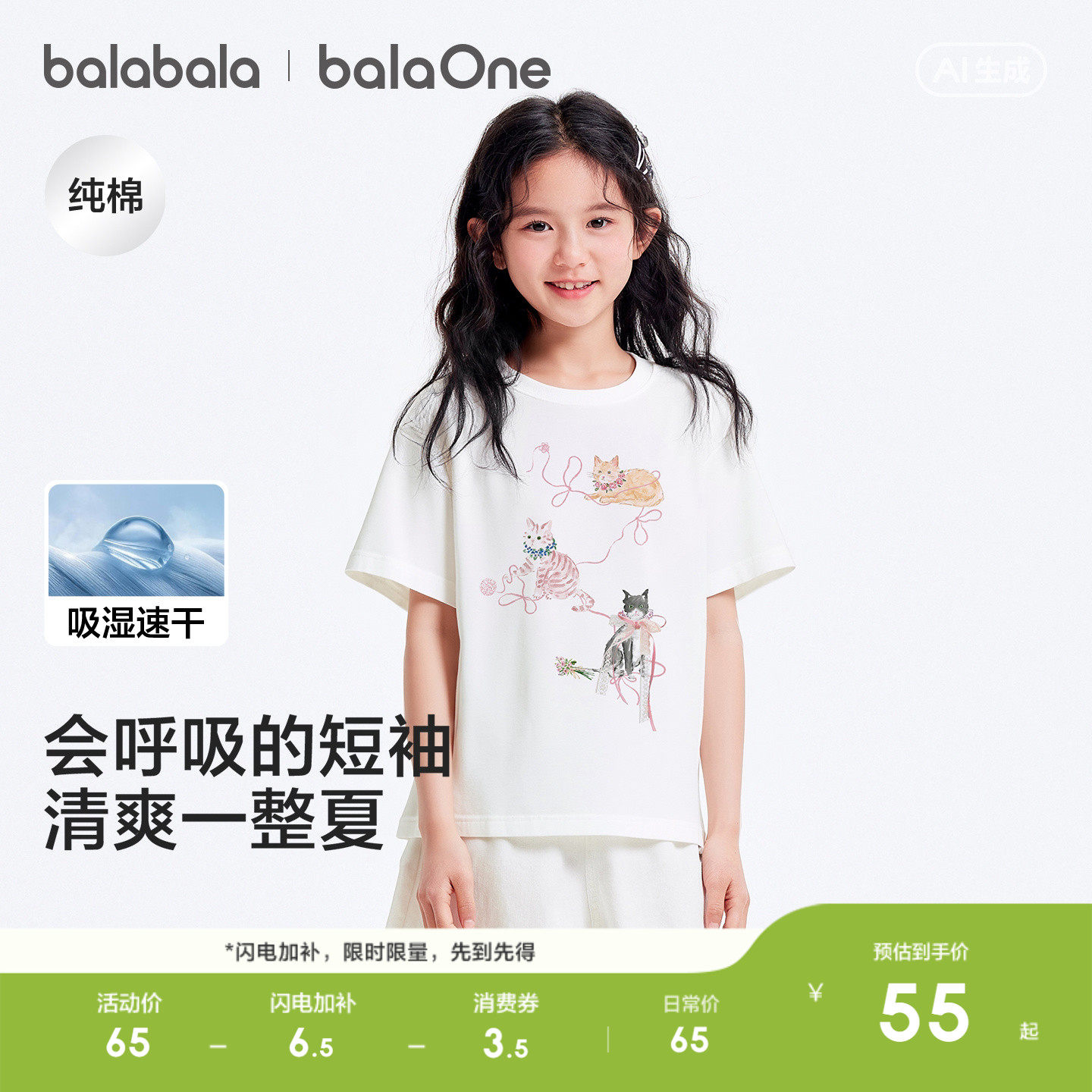 巴拉巴拉童装儿童速干短袖t恤衣服女童上衣2026新款轻薄夏装潮酷