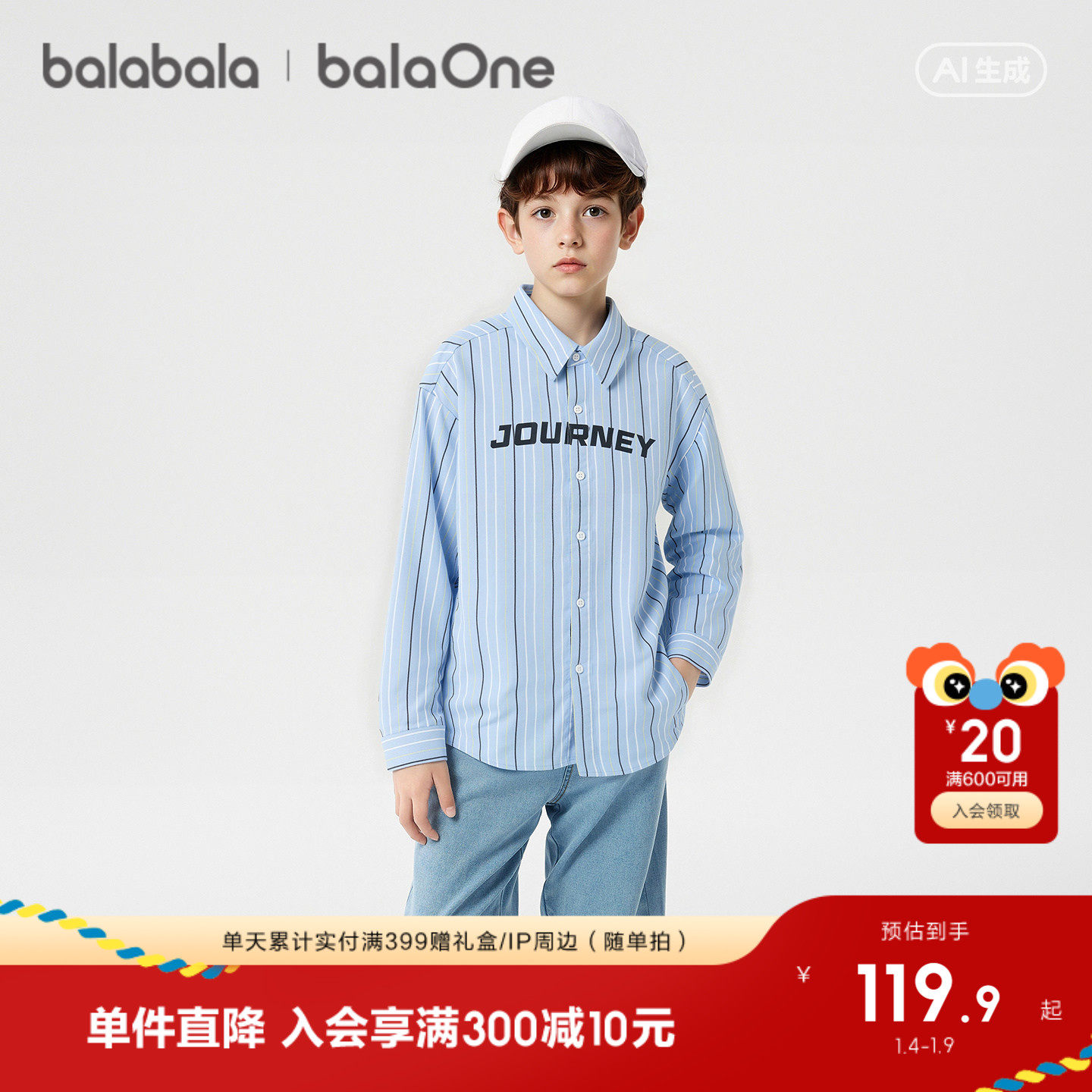 【balaOne】巴拉巴拉童装儿童长袖衬衫女童男童2026新款春