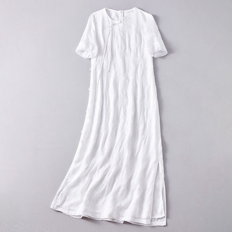 新中式天丝刺绣短袖修身连衣裙