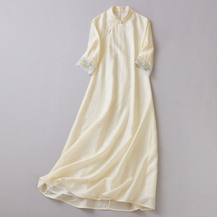 国风A字版宽松立领连衣裙复古禅意改良旗袍女禅意天丝中长裙夏新