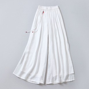 天丝禅意茶服日常休闲裤 飘逸松紧腰白色大阔腿裤 子 新款 2026年夏季