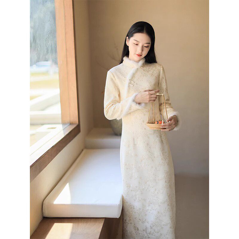 秋冬新款国风复古女装禅意茶艺服女水貂毛羊毛改良旗袍中式连衣裙