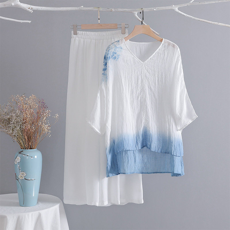 中国风新款禅茶服气质女装上衣复古V领吊染中袖苎麻罩衫短袖衬衫