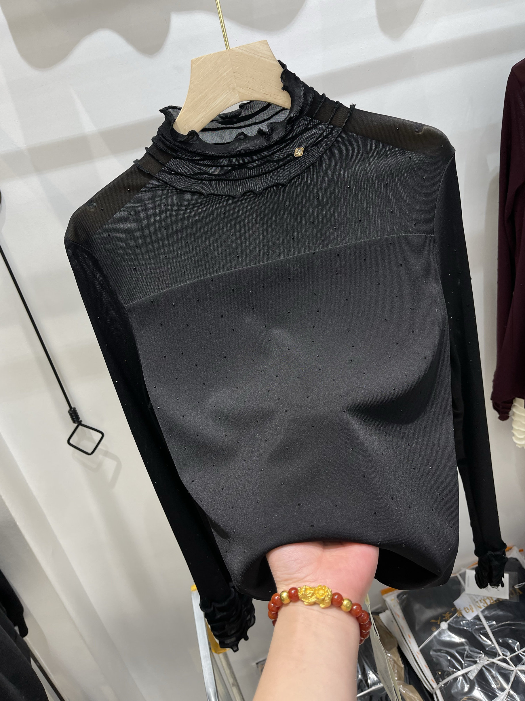 半高领木耳边网纱打底衫2025秋款内搭长袖T恤烫钻小衫内搭女上衣