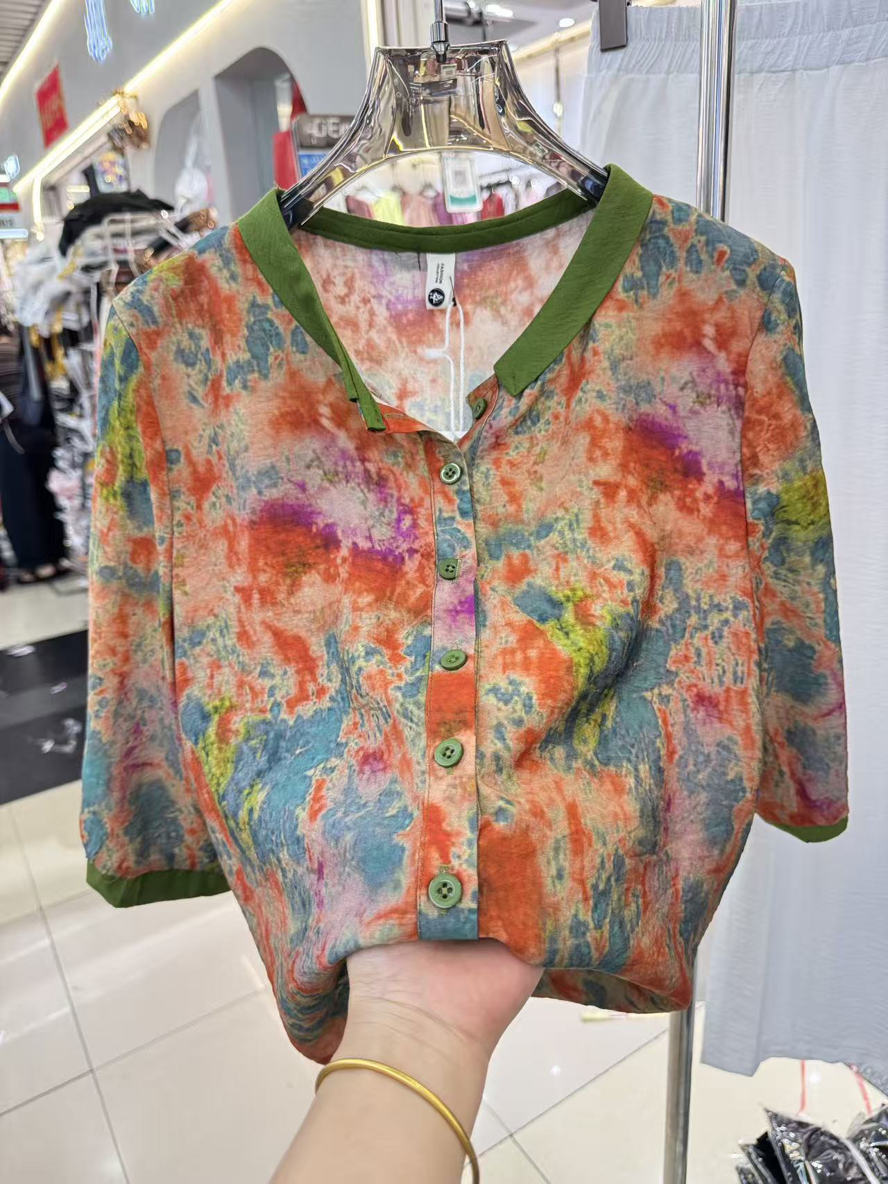 时尚碎花套头七分袖雪纺衬衣2026春夏款中老年妈妈装撞色翻领小衫