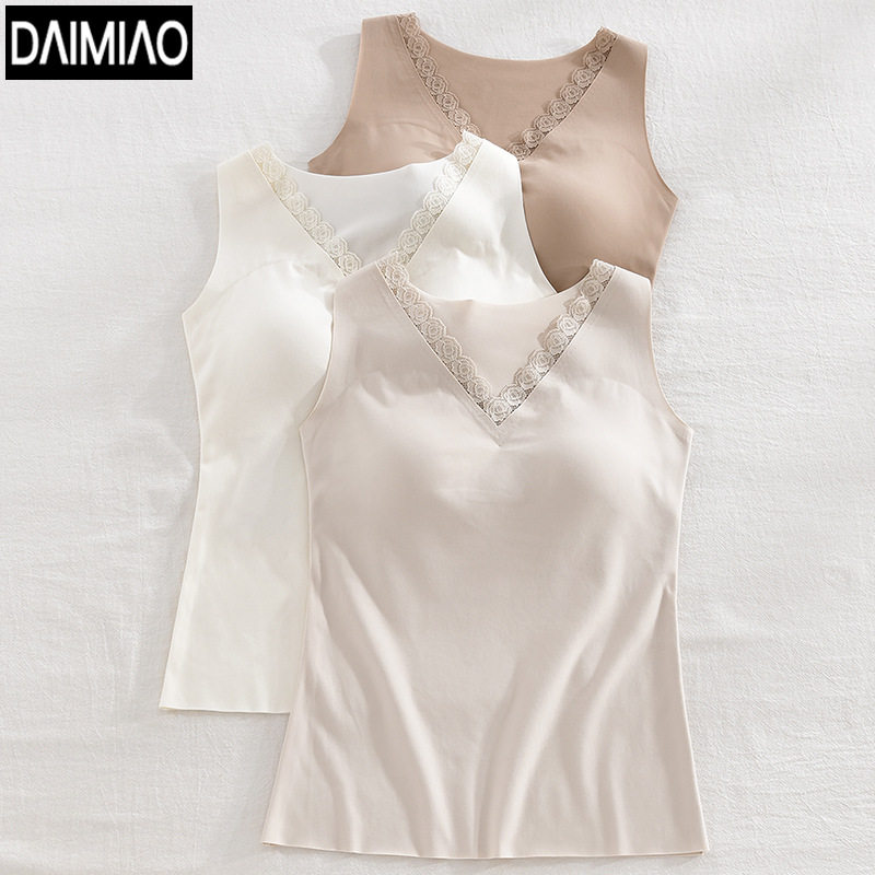 粉底液磨毛保暖内衣女文胸背心一体带胸垫内搭无痕蕾丝V领固定杯