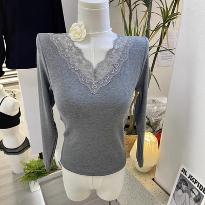 羊绒蛋白蕾丝V领打底衫秋冬新款固定杯磨毛内搭打底保暖上衣5222