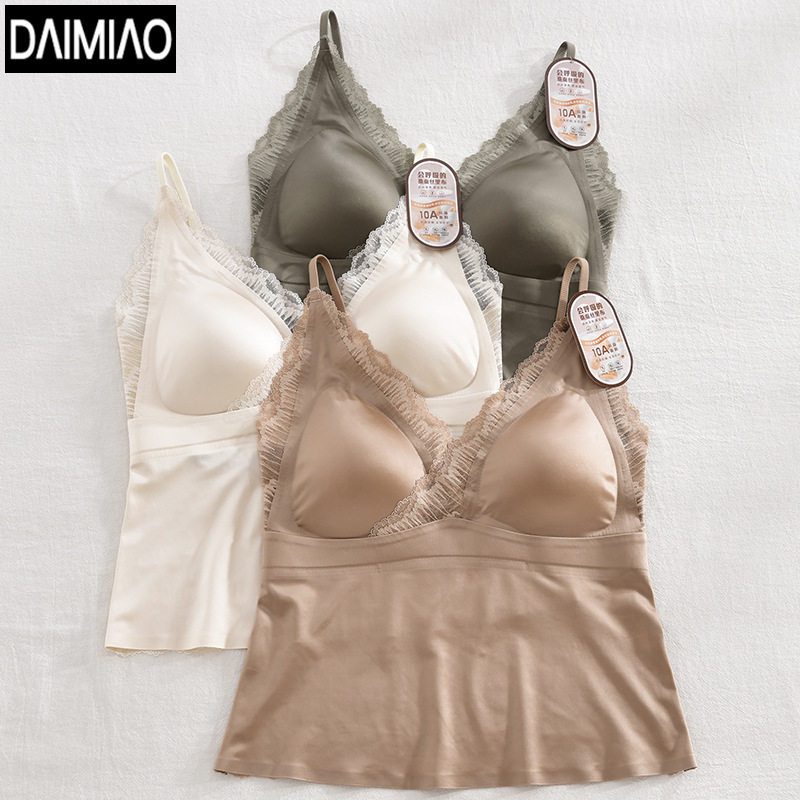 5609轻奢缎面无痕蕾丝吊带内衣女文胸背心一体带胸垫美背固定杯