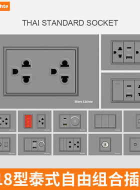 灰色118型泰标开关插座USB充电带Type-c16A泰式六孔插座美式面板