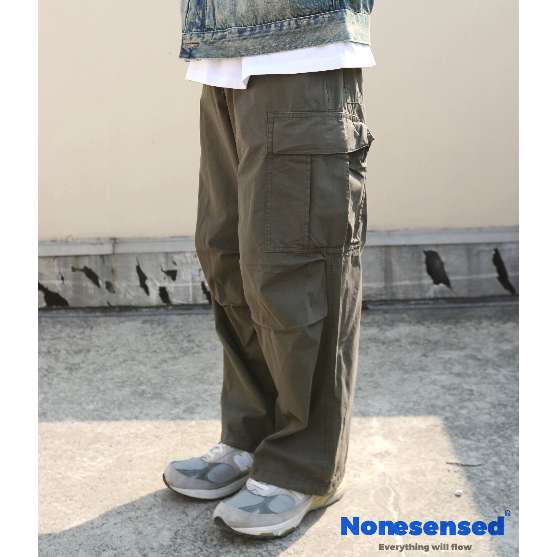 NONESENSED 新款宽松洗水做旧全棉面料日系军事风大口袋工装军裤