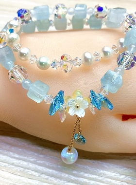 奥地利水晶饰品手链女款海蓝宝方糖两圈多切面紫水晶淡水珍珠