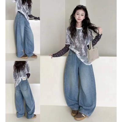 天依角裤子2026春装男女童韩版弯刀牛仔裤中大童休闲裤亲子18018