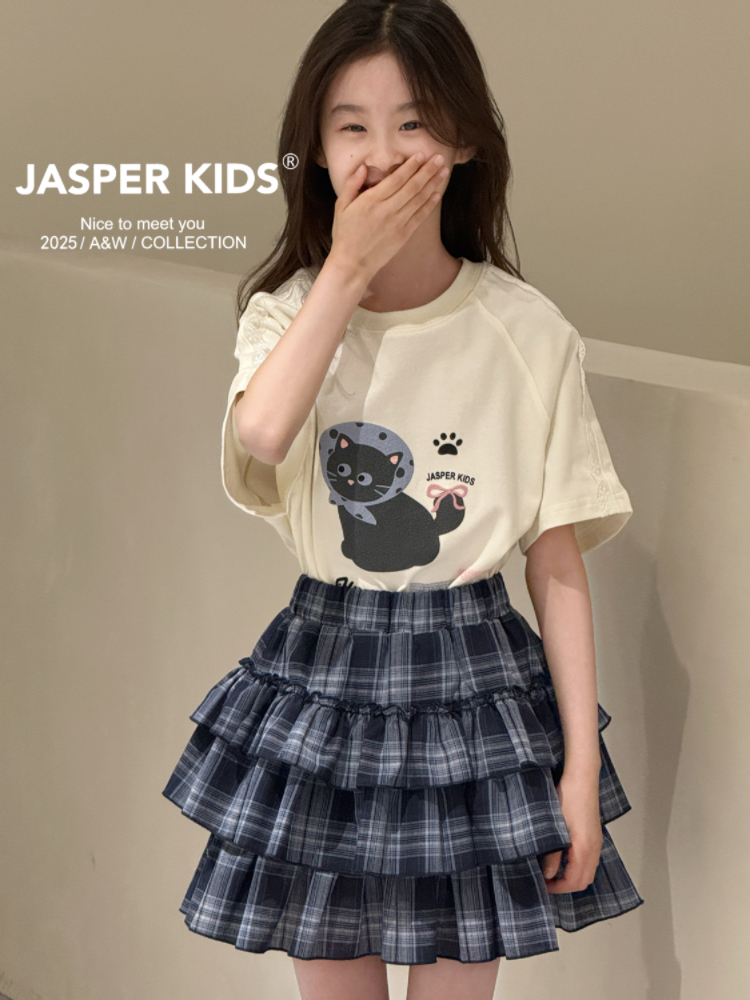 Jasper韩国童装波拉borabora女童短袖T恤2025夏装圆领卡通棉上衣