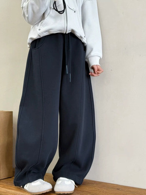 韩国BSN品牌 2025冬装男女中大童加绒弯刀裤青少年休闲直筒裤子潮