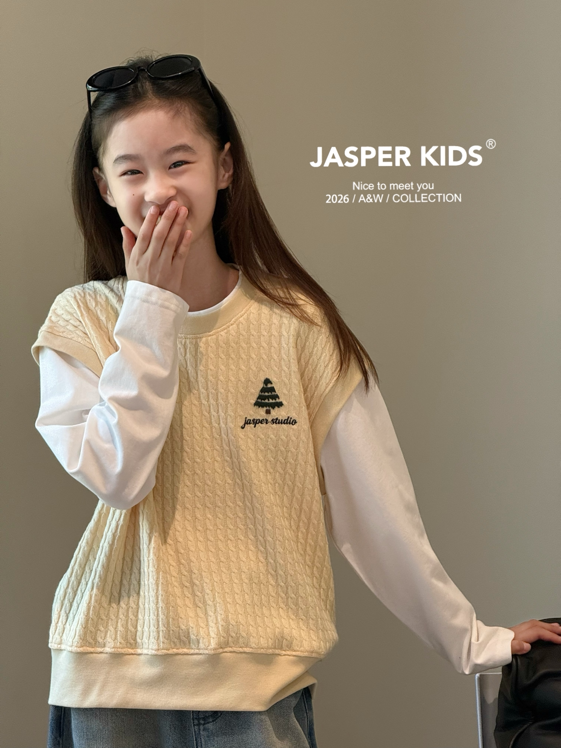 JASPER波拉童装2026秋冬女童韩版假两件长袖T恤中大童打底衫上衣
