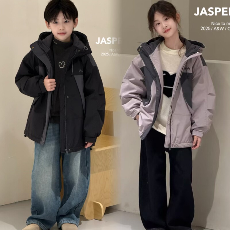 JASPER波拉童装2025冬款儿童韩版夹棉冲锋衣外套中大童连帽棉衣潮
