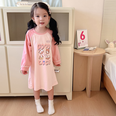 女童睡裙春秋款A类纯棉小女孩长袖薄款睡衣裙宝宝秋季连体家居服