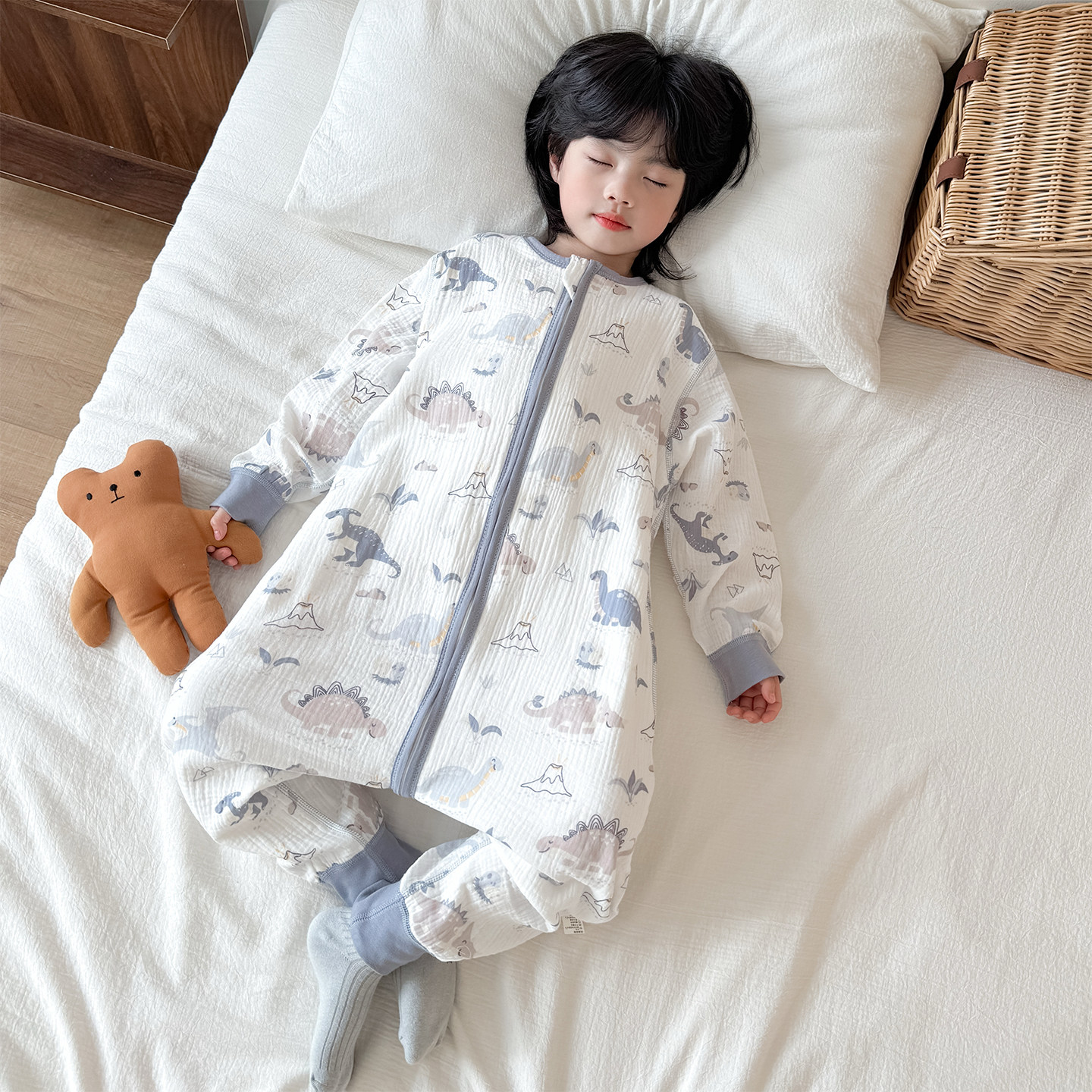 儿童睡袋春夏款纯棉纱布男女宝宝连体睡衣薄款春秋季防着凉连身衣