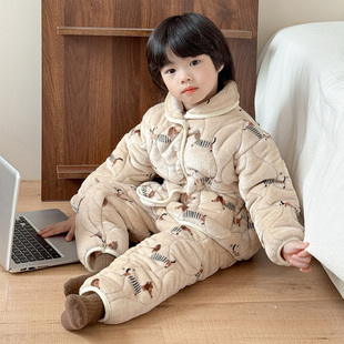 冬季儿童睡衣三层夹棉加厚男女童A类加绒宝宝保暖家居服冬款套装