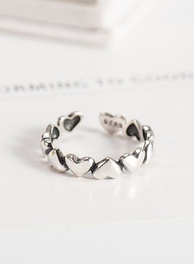 PixieMarket新款s925纯银戒指女泰银做旧开口心连心形爱心银戒指