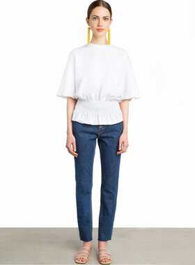 pixiemarket欧美风时尚纯色褶皱收腰喇叭袖甜美五分袖百搭T恤女潮