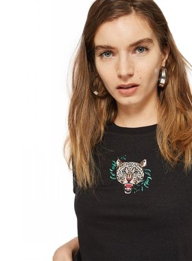 pixiemarket欧美风冷淡风原宿俏皮豹头刺绣黑色短袖打底T恤女潮
