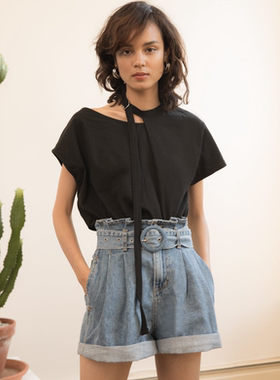 pixiemarket欧美小众ins潮时尚小心机露肩宽松黑色短袖t恤女