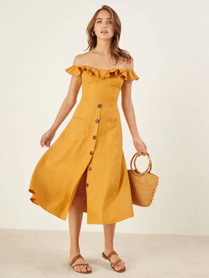 时尚露肩修身排扣长款连衣裙