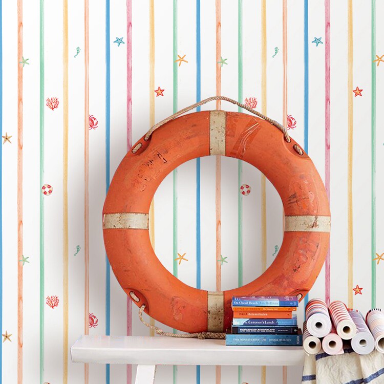 艾嘉加厚无纺布北欧简约桔粉浅蓝纯色海星条纹无缝墙布儿童房壁布