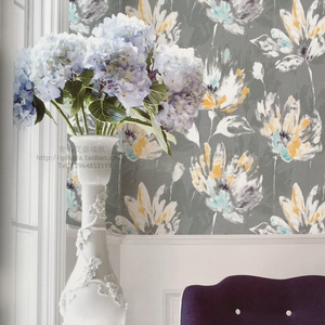 艾嘉进口无纺布简约美式田园大花水彩水墨画客餐厅背景墙壁纸现货
