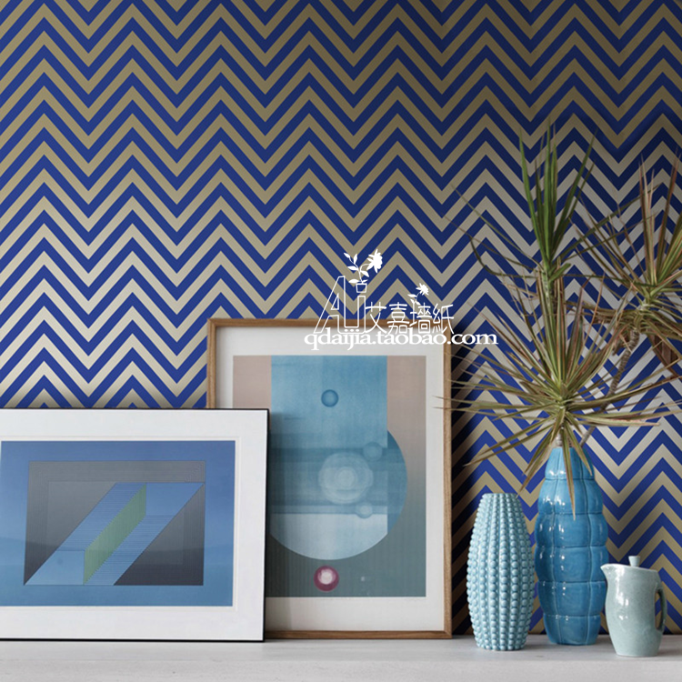 艾嘉简约美式宝蓝色人字线条波浪折线墙纸民宿卧室背景墙壁纸现货