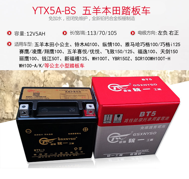 雅马哈巧格i125女装踏板统一摩托车电瓶12v5ah通用ytx5l-bs蓄电池