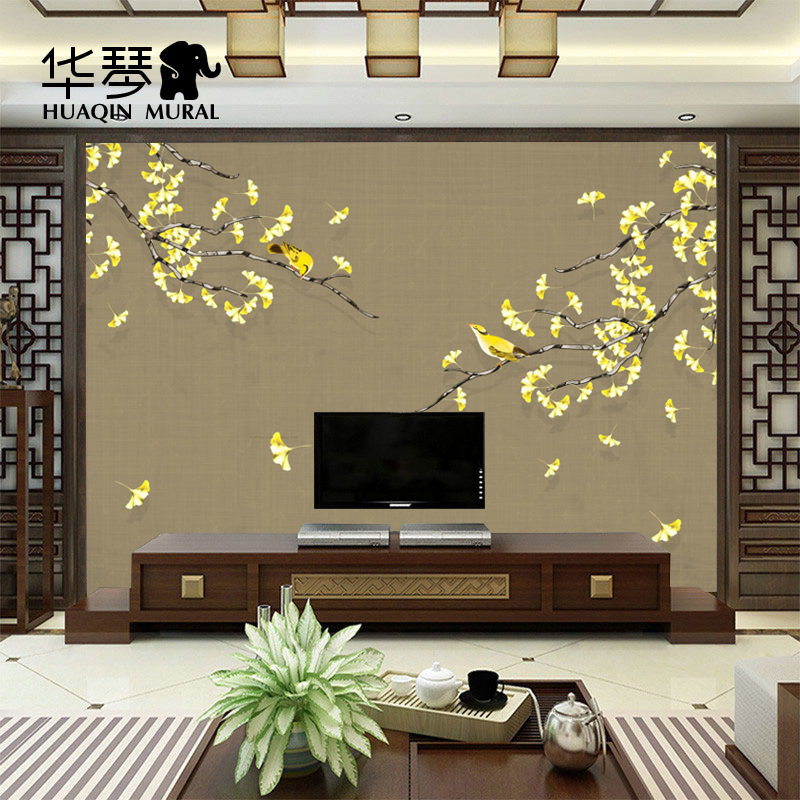 华琴 定制现代中式花鸟壁画 银杏花叶子墙画壁布环保无纺布墙纸,家装主材,定制壁画,淘宝优惠券,粉丝福利购,淘宝优惠卷