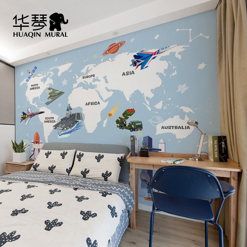 卡通世界地图墙纸墙布 航天飞机武器教培儿童房壁纸培训壁画定制,家装主材,定制壁画,淘宝优惠券,粉丝福利购,淘宝优惠卷