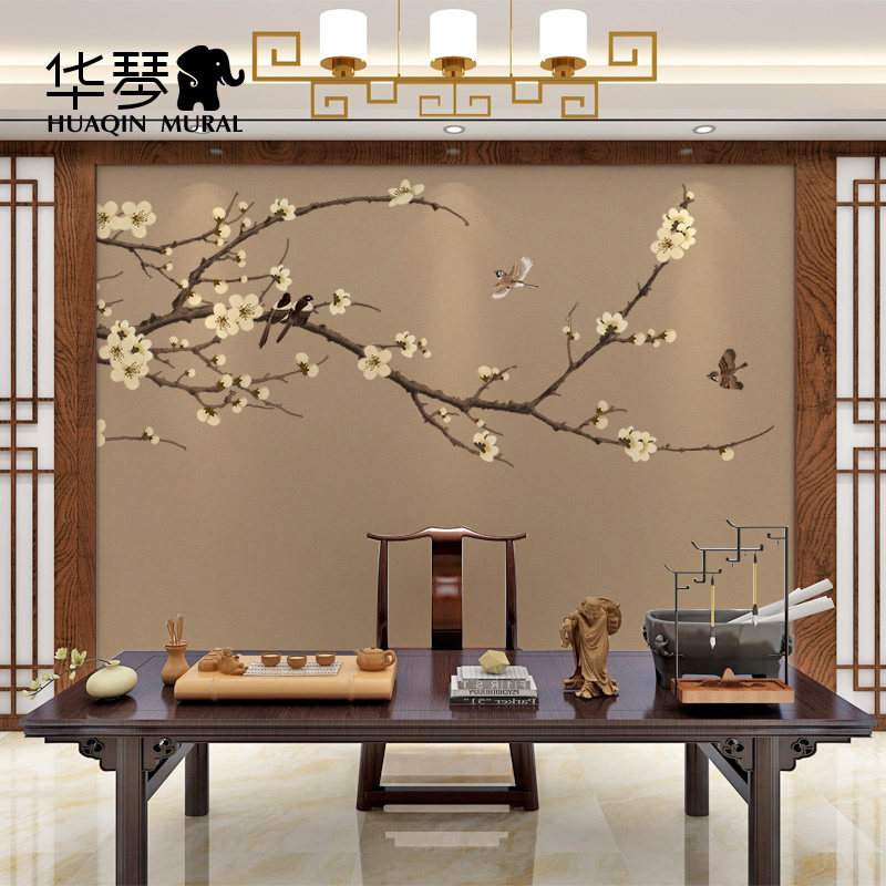 新中式影视墙壁纸 客厅电视背景墙卧室书房茶室梅花墙纸壁画墙布,家装主材,定制壁画,淘宝优惠券,粉丝福利购,淘宝优惠卷