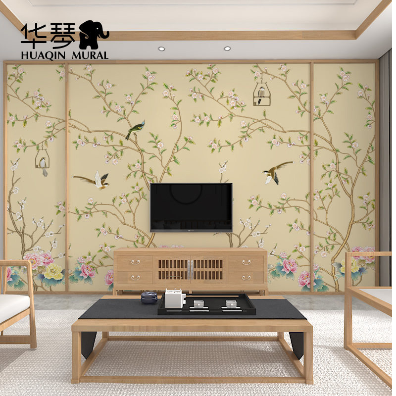 新中式工笔花鸟壁画电视背景墙壁纸客厅卧室米黄墙纸无缝墙布定制,家装主材,定制壁画,淘宝优惠券,粉丝福利购,淘宝优惠卷