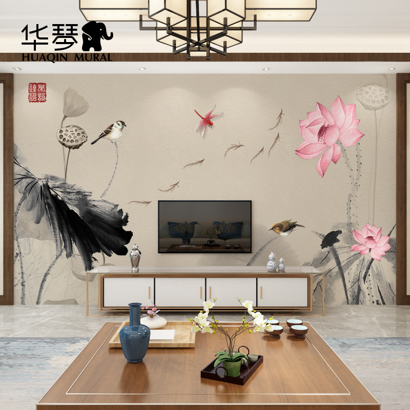 中式怀旧复古仿硅藻泥墙体荷花九鱼图莲蓬背景墙壁纸墙布壁画定制,家装主材,定制壁画,淘宝优惠券,粉丝福利购,淘宝优惠卷