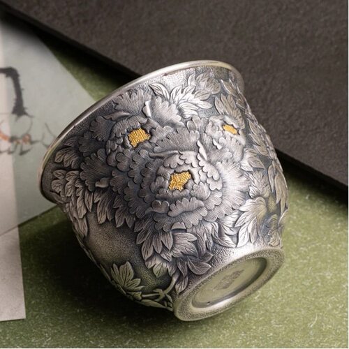 金香牡丹杯｜纯手工錾刻 金银错工艺 约98克