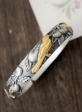 足银手镯｜苹安喜乐｜纯手工錾刻工艺约80g