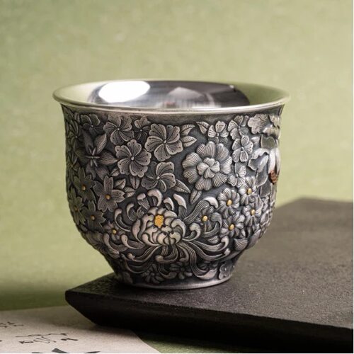 银海万花杯丨纯手工錾刻金银错工艺 约98克
