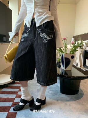 HOLDER ME 复古印花阔腿七分牛仔裤女 2026春季宽松显瘦中裤 8013