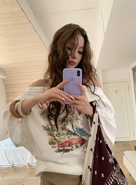 HOLDER ME 美式复古印花露肩短袖T恤女 2025新款夏季百搭显瘦5073