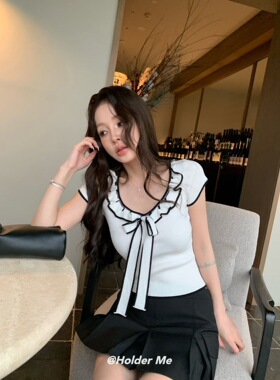 HOLDER ME 撞色蝴蝶结短袖针织衫2026春夏季显瘦百搭短款上衣5688